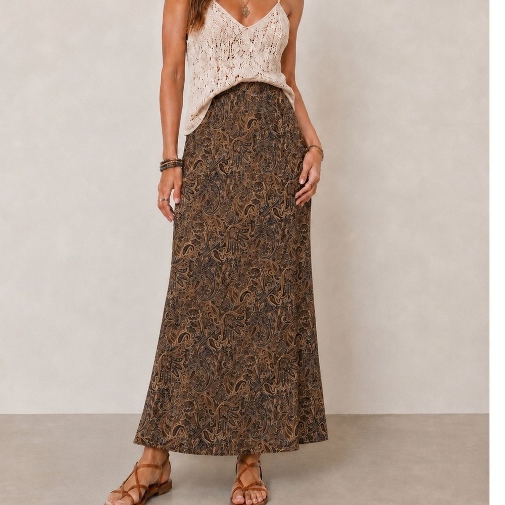 Vintage Y2K Large Maxi Skirt Brown Paisley Mesh Boho Earthy Natural Academia